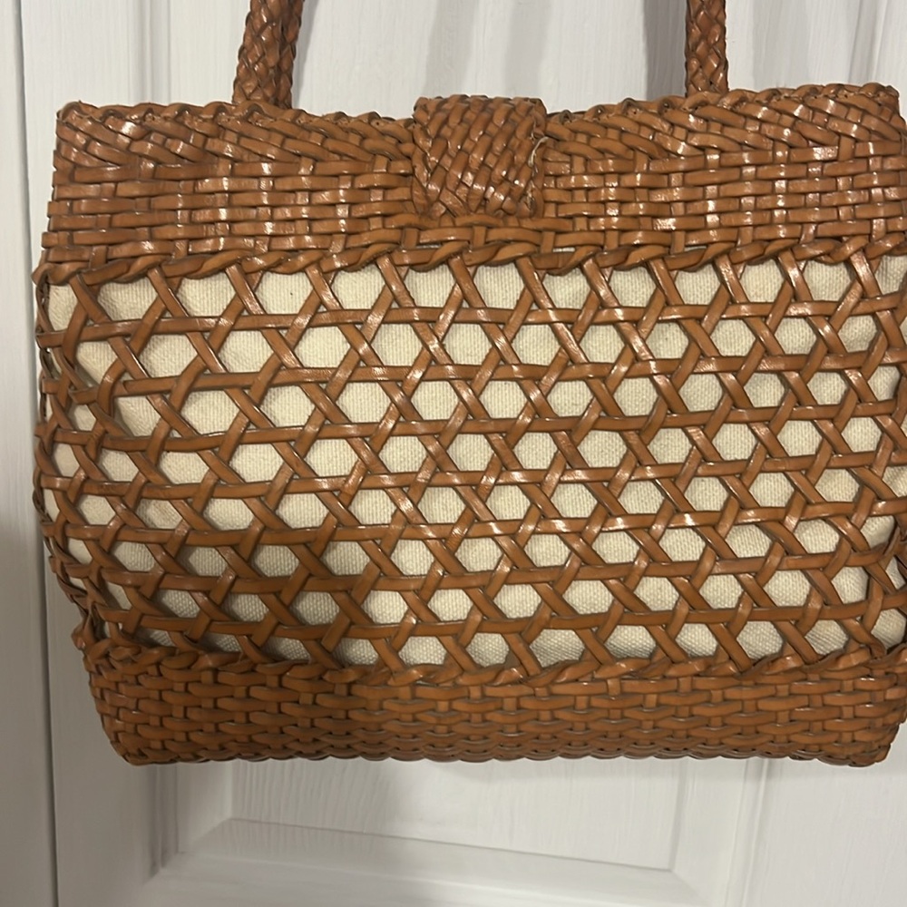 Leather Woven Tan and Cream Women's Bag - Picture 4 of 9